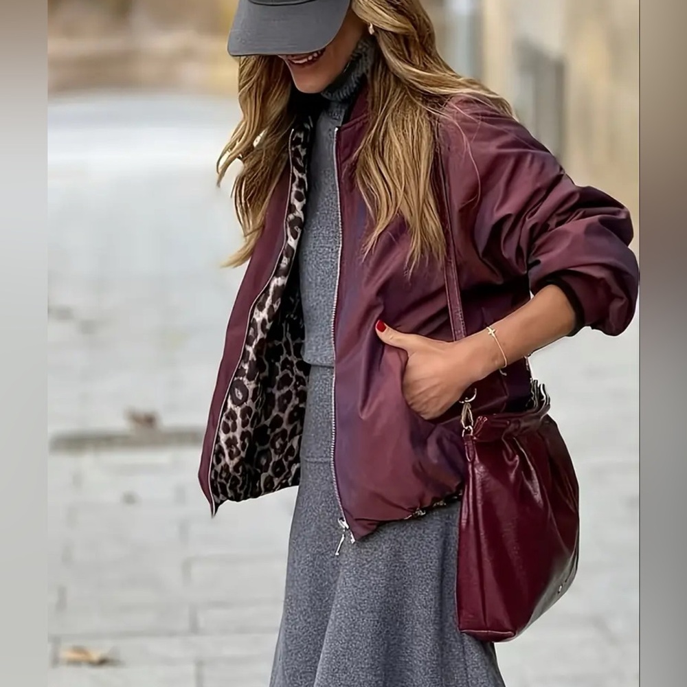Women's Burgundy Bomber Jacket with Leopard Trim